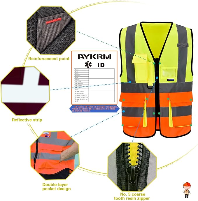A-SAFETY High Visibility Safety Vest, ANSI Class 2 Identification Security Vest with 2'' Reflective Silver Strip, Front Zipper Construction Vest for Night, Orange&Yellow Color Mixed, XXL