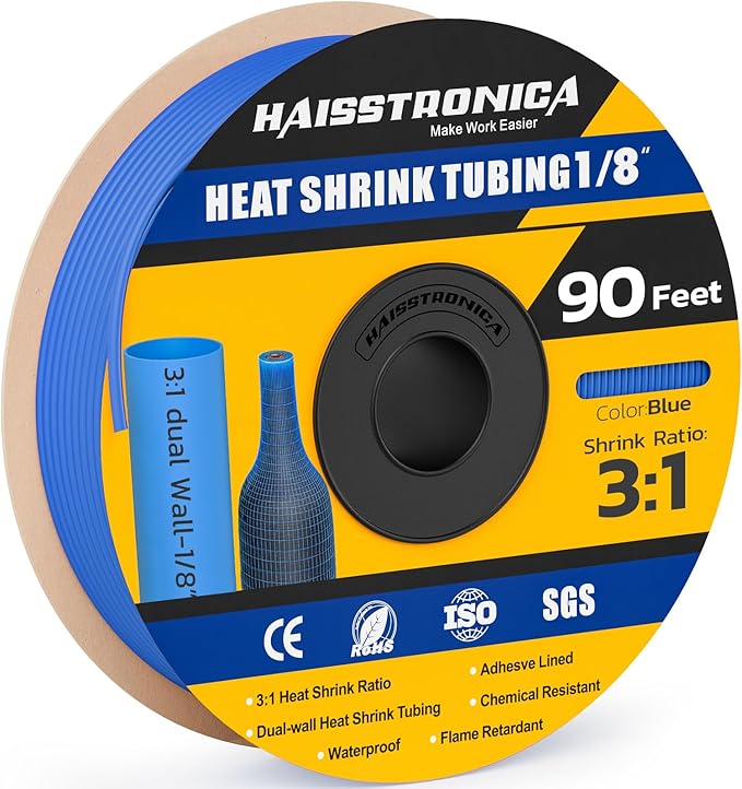 haisstronica 3:1 Heat Shrink Tubing, Shrink Ratio Adhesive Lined Marine Grade Heat Shrink Tube for Home, Automotive and Industrial (Blue) 90FT 1/8inch