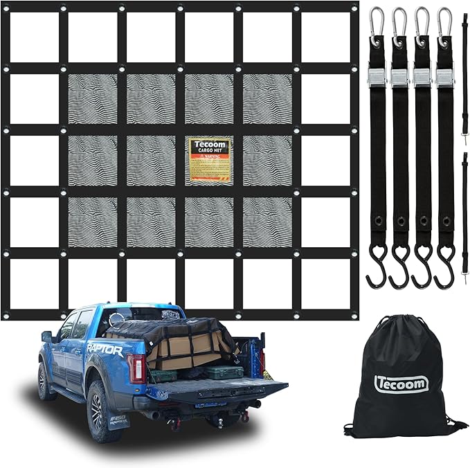 Tecoom Heavy Duty Cargo Net for Pickup Truck Bed, 4.86'x5.12' Adjustable Cam Buckles & S-Hooks & Cross Strap, 1,500 lbs Capacity Cargo Net Truck Accessory (58"x61")