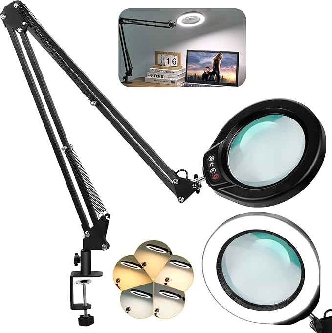 VEEMAGNI 10X 5 Inch Large Real Glass Magnifying Glass with Light and Stand, 5 Color Modes Stepless Dimmable, 2*16 Inch Swivel Arm LED Clamp Desk Lamp, Hands Free Lighted Magnifier for Close Work Craft
