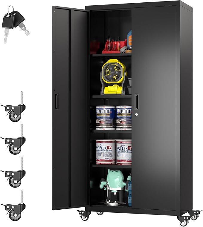 73" H×31.57" W×15.71" D Garage Storage Cabinet with Wheels, Metal Storage Cabinet with 4 Adjustable Shelves and Lockable Doors for Garage Home Office Utility Room,Required Assembly,Black