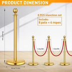 8 Pack Upgraded Stainless Steel Stanchions and Velvet Ropes 5FT Extended Red Carpet Ropes Poles Crowd Control Safety Barriers Set with Stable Base for Theaters Parties Wedding Exhibition (Gold)