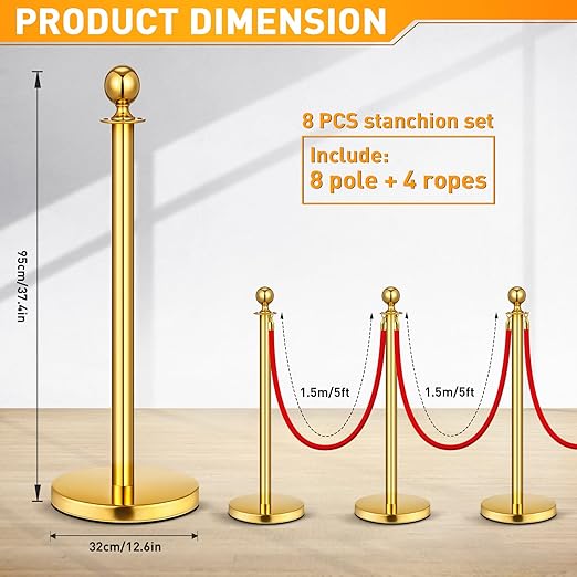 8 Pack Upgraded Stainless Steel Stanchions and Velvet Ropes 5FT Extended Red Carpet Ropes Poles Crowd Control Safety Barriers Set with Stable Base for Theaters Parties Wedding Exhibition (Gold)