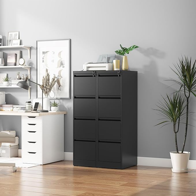 4 Drawer File Cabinet with Lock, Vertical Filing Cabinets for Home Office, Metal Storage Cabinets, Heavy Duty File Cabinet for Letter/Legal/A4/F4 Size Amssebly Required, Black