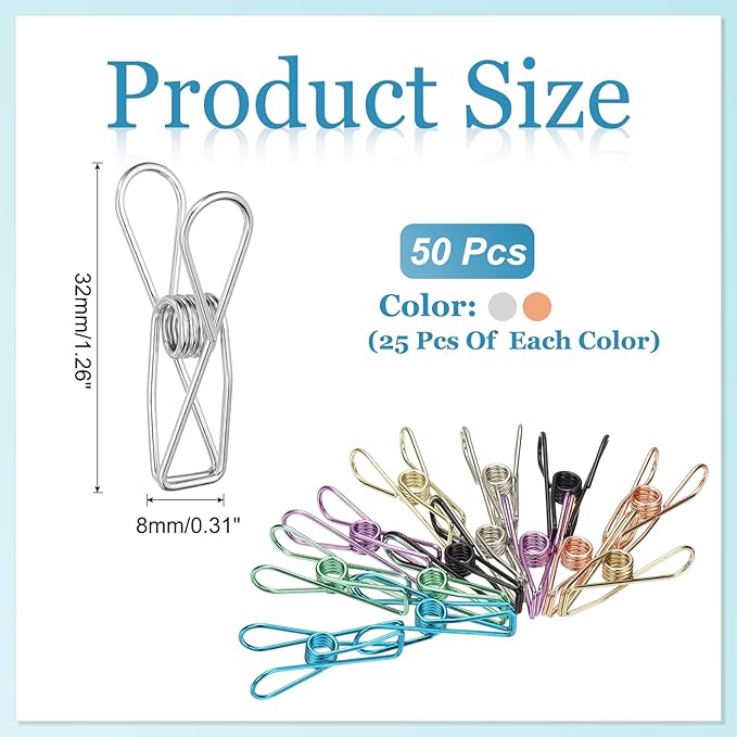 PATIKIL 50Pcs Paper Office Binder Clips, 1.26" Small Metal Wire Hollow Out Paper Clamps Long Tail Binder Clips for Photo Clothes Hanging Office Home Kitchen Food Package, Silver/Rose Gold