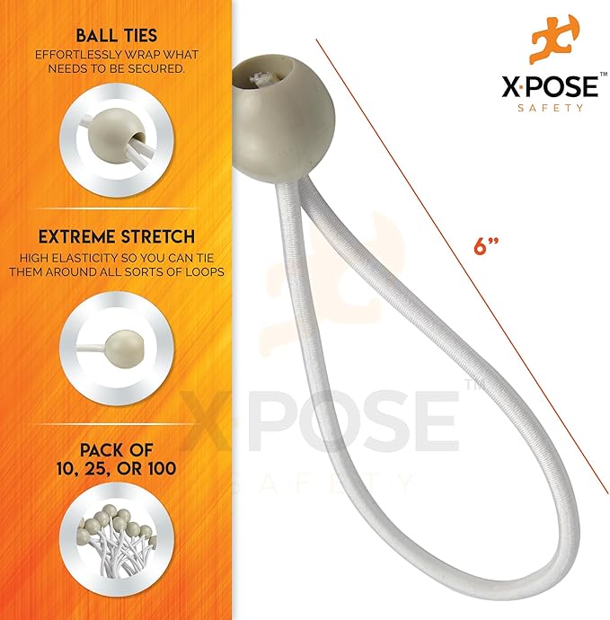 Xpose Safety Bungee Ball Cords 6" 25 Pack Heavy Duty White Stretch Rope with Ball Ties for Canopies, Tarps, Walls, Cable Organization