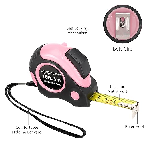 Amazon Basics Retractable Tape Measure with Push Button, Easy to Use, 16 Feet, Pink
