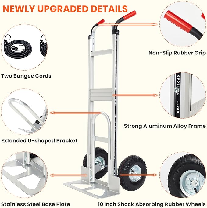 Aluminum Hand Truck Dolly Cart with 10" Pneumatic Tire,Hand Trucks Heavy Duty 600 LBS Capacity,Platform Hand Cart for Transport & Moving in Warehouse, Home, Supermarket