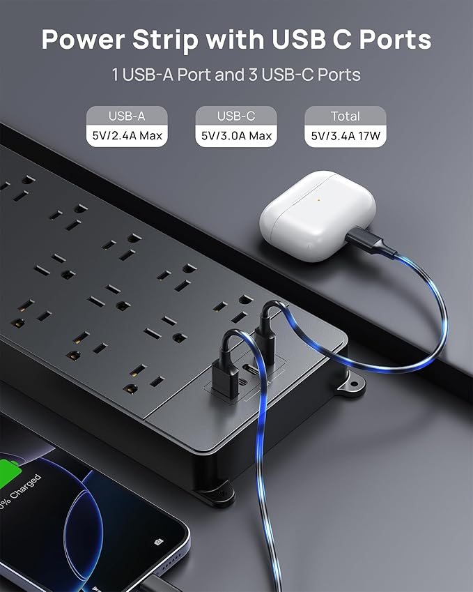 TROND 360° Rotating Flat Plug, Surge Protector Power Strip, 13AC Widely Spaced Outlets Expansion with 3 USB C Ports, 4000J, 15ft Extension Cord Heavy Duty, Wall Mount, Under Desk, ETL Listed, Black