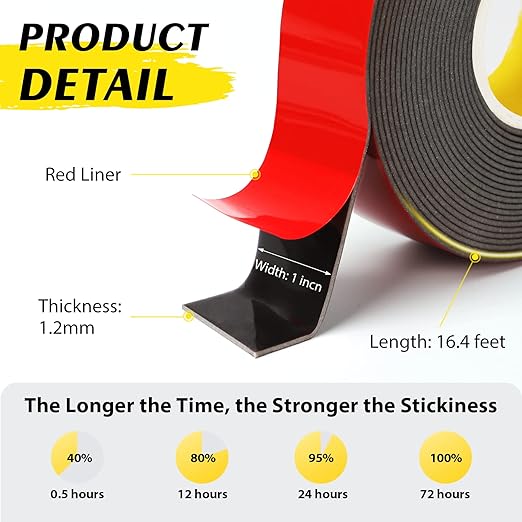 EMITEVER Double Sided Tape Heavy Duty 2 Rolls,Acrylic Foam Mounting Tape,Two Adhesive Tape,Waterproof & Strong Stick Tape,2 Strip for Home Office Decor,Black (EM023-FT25MM-16FT-US-N)