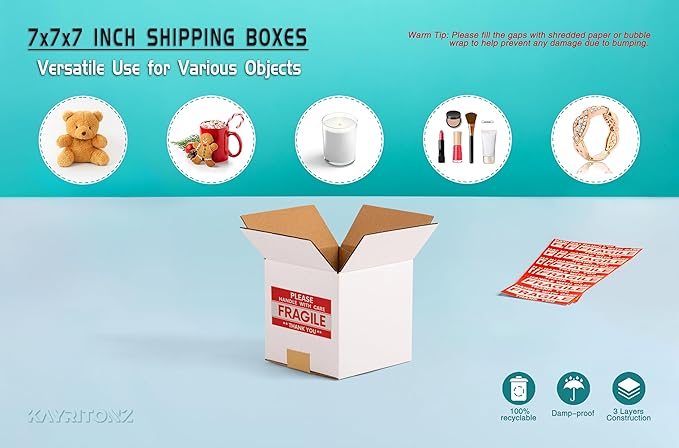 7x7x7 inch Small Shipping Boxes, White Corrugated Cardboard Boxes for E-Commerce, Mailing, Storage, Gifts Wrapping, 15 Pack