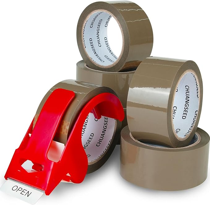 CHUANGSEED Packing Tape with Dispenser – 6 Rolls Brown Shipping Tape (2.4Mil x 1.88” x 60 Yards), Heavy Duty Box Sealing Tape for Moving, Packaging, Office, Warehouse