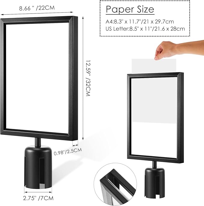 Taiyin 4 Pcs Stanchion Sign Holder Double Sided Sign Frame with Cover Stanchion Top Frames for 8.58 x 12.52 Inches Paper Size for Crowd Control Sentry Stanchions (Black)
