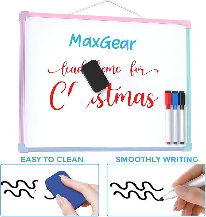 MaxGear Double-Sided Dry Erase Board for Wall, 16"x12" Hanging Whiteboard, Small Dry Erase White Board kit, Portable Whiteboard for Planning, Drawing, Memo, to Do List, Macaron Frame