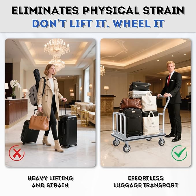Hotel Luggage Cart, 900LBS Load Capacity Bellman's Cart with 8" Wheels, Brushed Stainless Steel Commercial Grade Hotel Luggage Trolley with Grey Carpeted Deck for Hotels (42''L x 25''W x 38''H)