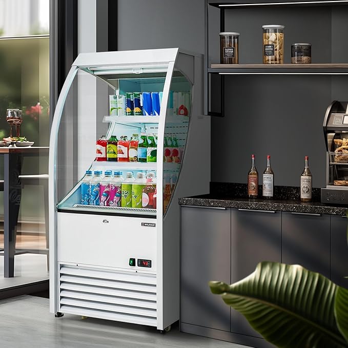 Wilprep Commercial Display Refrigerator, 27" Open Air Merchandiser with 6.7 cu. ft. Volume LED Lighting Night Curtain, Grab and Go Display Refrigerator Showcase for Store Cafe Bar Shop