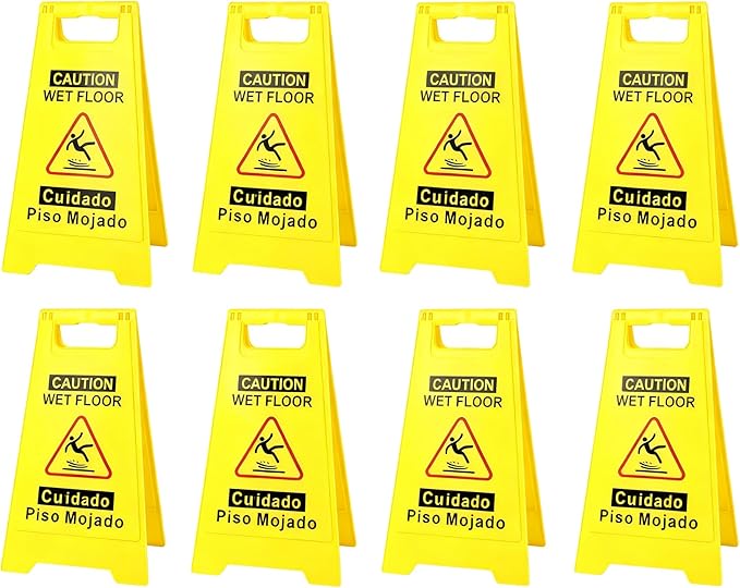 8 Pack Caution Wet Floor Sign, 24" Height, Bright Yellow, Double-Sided A-Frame Safety Caution Sign Commercial, Bilingual Caution Message