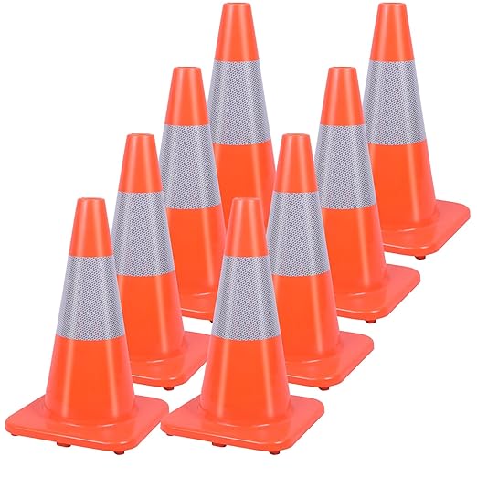 8 Pack Traffic Safety Cones 18 Inches with Reflective Collars, Orange Construction Cone, Restorable Parking Cones, Heavy Duty Road Cones for Parking Lot, Traffic Control, Driveway Road Parking