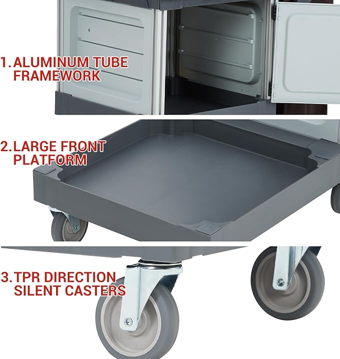 Heavy-Duty Commercial Janitorial Cleaning Cart with Dual Cabinets, 3 Storage Shelves, Vinyl Trash Bag & Smooth-Rolling Wheels – Professional Housekeeping Trolley for Hotels, Schools & Apartments