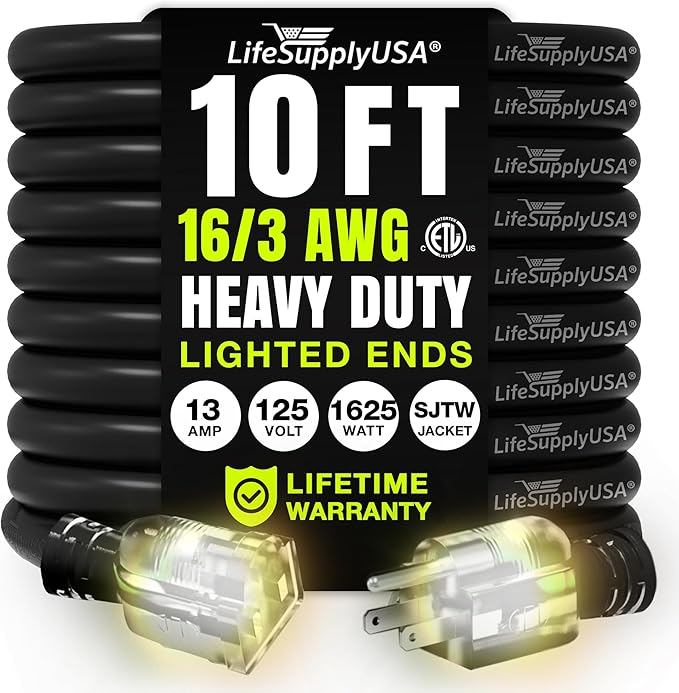 10ft Outdoor/Indoor Extension Cord 16/3 Gauge Heavy Duty 3 Prong SJTW, Waterproof, ETL Listed, Flexible Cold-Resistant Long Power Cord,13A 125V 1625W, Black by LifeSupplyUSA