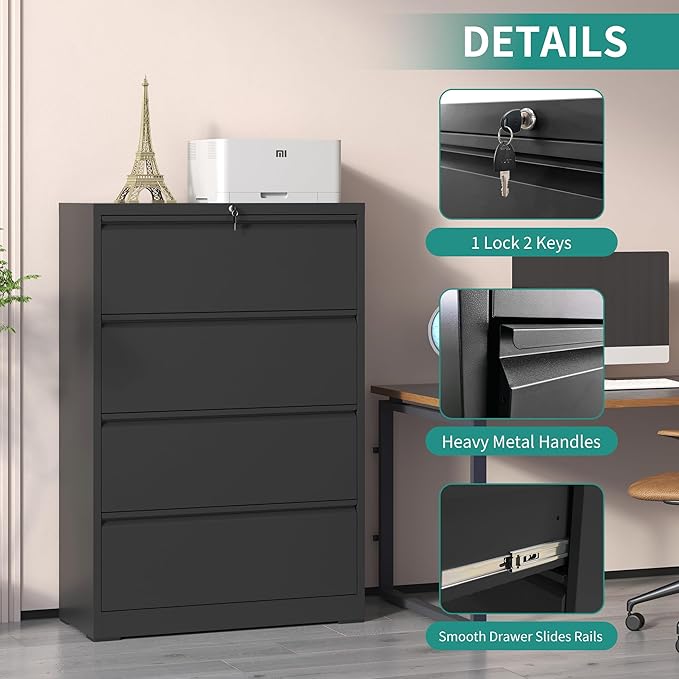 4 Drawer Lateral File Cabinet, Metal Filing Cabinets for Home Office, Steel Storage Wide File Cabinet for Letter/Legal/F4/A4 Size with Hanging Bars, Assembly Required (Black)