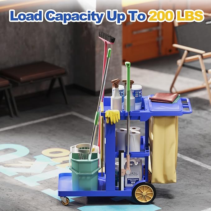 Nisorpa Commercial Janitorial Cart, 3-Shelf Housekeeping Cart, High Capacity Cleaning Cart, Utility Clean Trolley with Wheels and 25 Gallon Vinyl Bag 44.5", for Business/School/Office Cleaning
