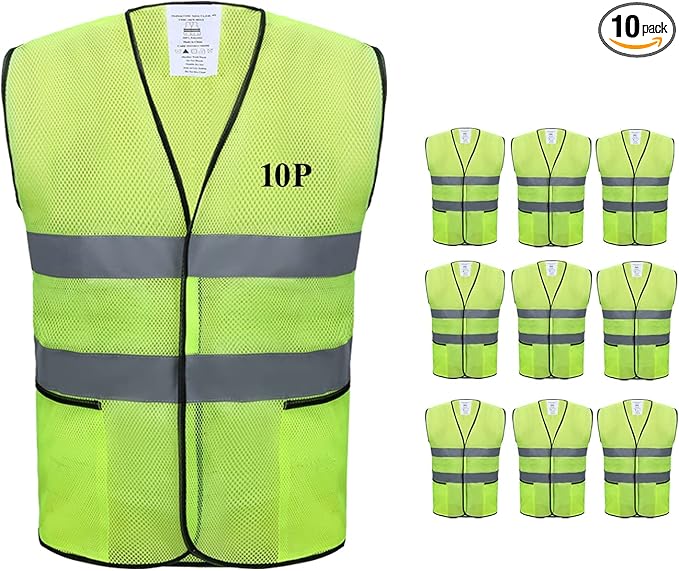 Safety Vests 10 Pack with Pockets,High Visibility Reflective Construction ANSI Class 2 Yellow Work Vests for Men,Woman,Hi Vis and Neon Mesh