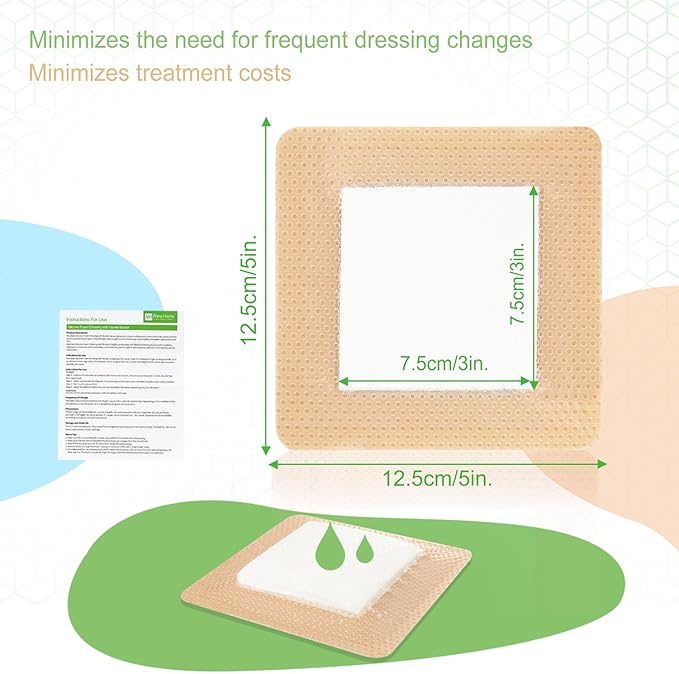 NeuHeils Silicone Super Absorbent Wound Dressing 5''x5'' 10 Packs, Self-Adhesive Waterproof Bandage with Ultrasorb Polymer Pad for Heavy Exudates Wound