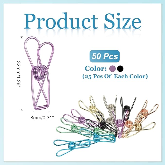 PATIKIL 50Pcs Paper Office Binder Clips, 1.26" Small Metal Wire Hollow Out Paper Clamps Long Tail Binder Clips for Photo Clothes Hanging Office Home Kitchen Food Package, Black/Purple