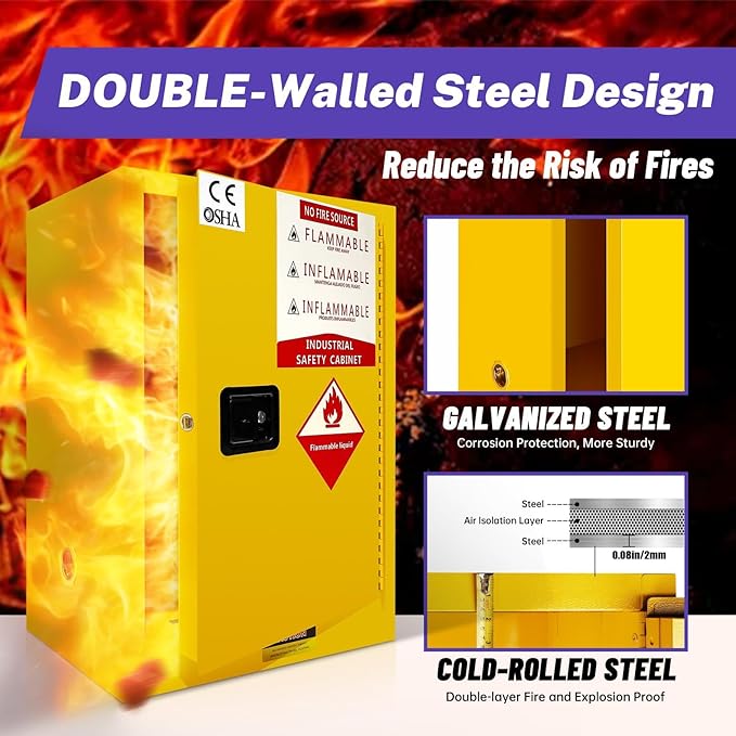 36 Gallon Yellow Flammable Storage Cabinet, Fireproof Steel Chemical Storage Locker with Adjustable Shelves, for Flammable Liquids, Industrial Use, Free Returns!