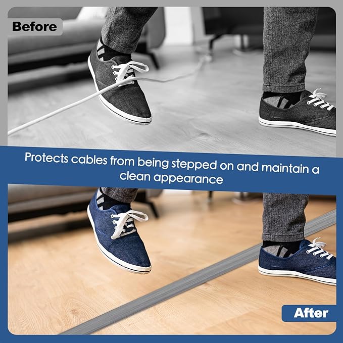 Floor Cord Cover for Wires on Floor Self Adhesive Cord Hider Floor Cable Management Wire Covers for Cords Protector Prevent Cable Trips Cord Cavity W 0.51" x H 0.31", Gray Wood, 3.3Ft