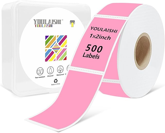 1x2 inch Label Stickers Roll for Thermal Printer 500PCS Pink Colored Removable Freezer Labels Waterproof Blank Sticker Labels to Write on for Food Containers and Jars