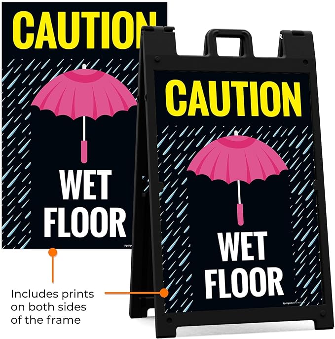 Caution Wet Floor Umbrella Sidewalk Sign Kit, 24x36 Inches, with A Frame Stand, Made in USA