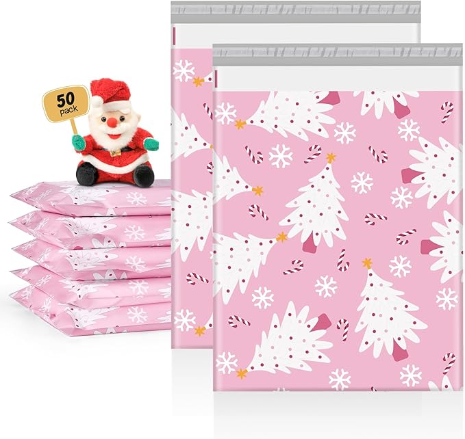 Metronic Christmas Poly Mailers 14.5x19" 50 Pack, Pink Christmas Tree Large Shipping Bags for Clothes, Cute Snowflake Shipping Envelopes Mailers Poly Bags with Self Seal for Small Business