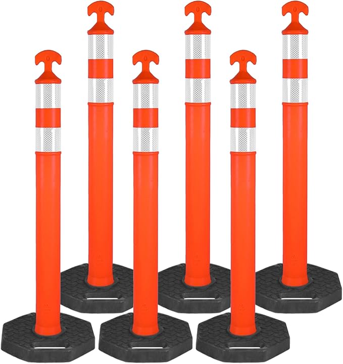 42" Traffic Delineator Posts,6 Pack Orange Safety Cones with Reflective Collars and Weighted Base for Road Safety, Parking Lots
