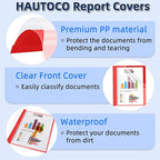 HAUTOCO 5 Pack Plastic Report Covers with 3-Prong Fasteners Clear Front Presentation Folders Resume Folders for 8.5x11 Letter Size Paper, Document Report Cover for School Office Business, Red