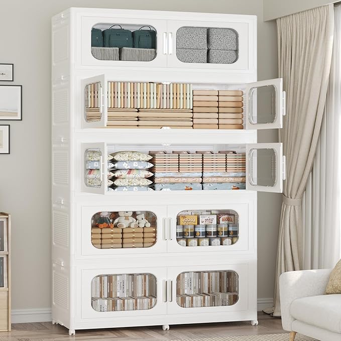 1000QT Large Stackable Storage Bins with Lid, 250Gal Plastic Collapsible Closet Organizers Drawers Box with Wheels, Folding Cabinet Containers with Doors for Home Kitchen Office, 5Pack White