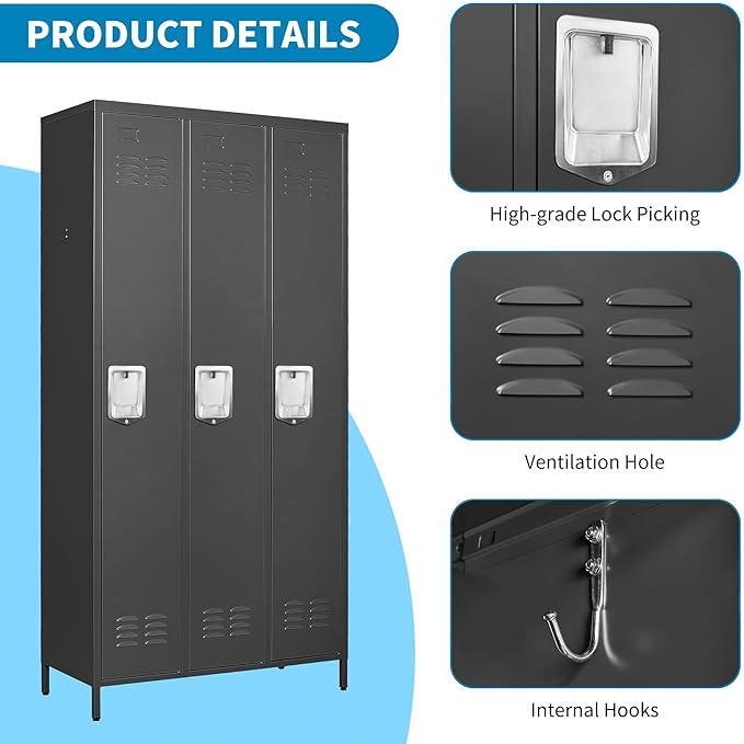 3 Doors Locker Storage Cabinet, Metal Locker for Employees, 72" Tall Lockers for Office School Gym Home, Require Assembly (Black)