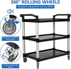 Heavy Duty 360 Restaurant Cart, 42'Wx20'Dx39'H, 3-Shelf Plastic, Lockable Wheels, Extra Large for Foodservice/Restaurant/Cleaning (Black)