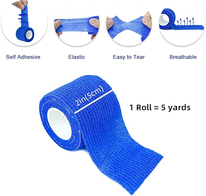 [24Pack 2" x5 Yards] Blue-Self Adhesive Bandages Pre Wrap, Athletic Elastic Cohesive Bandage for Sports, Injuries, Treatments, and Recovery, First Aid Tape Vet Wrap for Cat, Dog