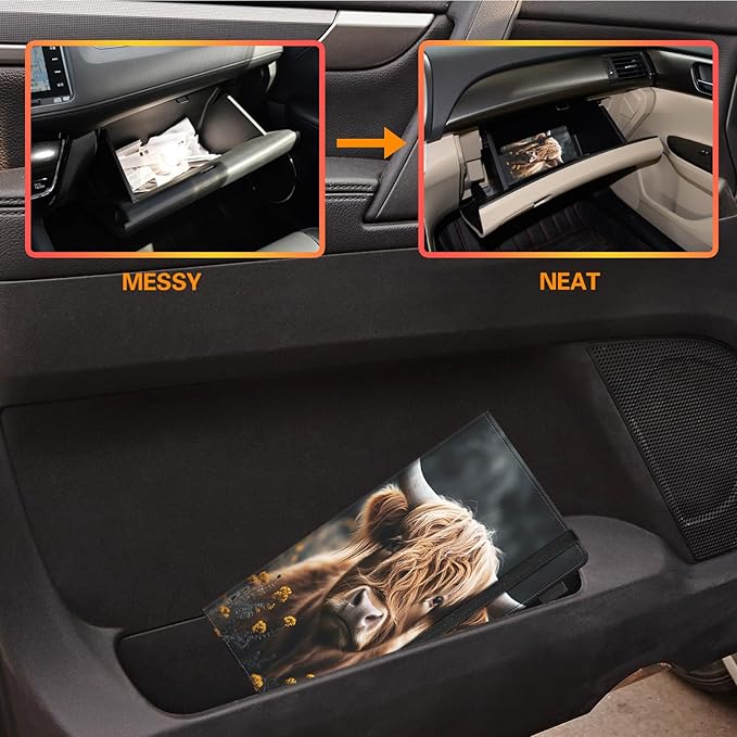 Car Registration and Insurance Holder,Leather Vehicle Glove Box Organizer Wallet for Document,Perfect for any Car,Truck,Motorcycle,Driver License,Trailer or Boat,Men & Women,Highland Cow Cattle
