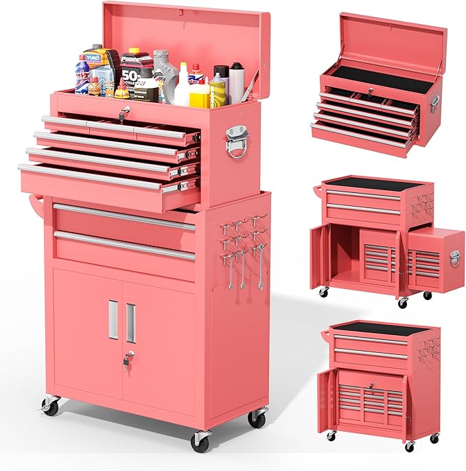 Greenvelly 8-Drawer Rolling Tool Chest, Metal Tool Chest with Wheels, Tool Cabinet with Detachable Top Tool Box, Metal Tool Cart with Liner & Hooks for Garage, Workshop, Warehouse (Pink)