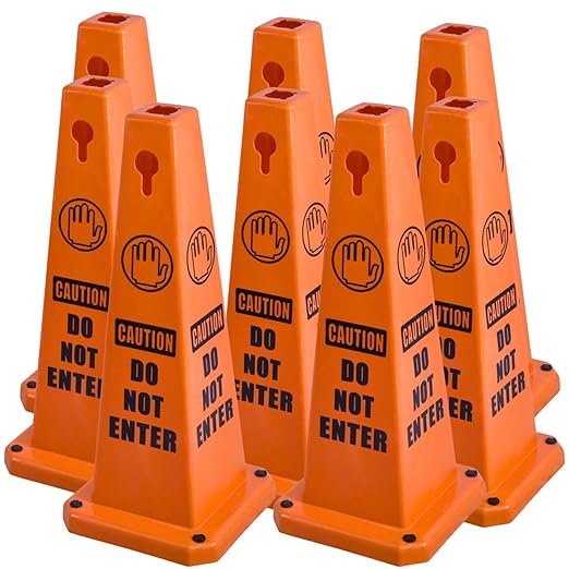BESEA 8 Pack Red Safety Cones Caution DO NOT Enter Sign 4-Sided Heavy Duty Traffic Cones with Weighted Base for Restricted Areas, Construction Zones, Private Property