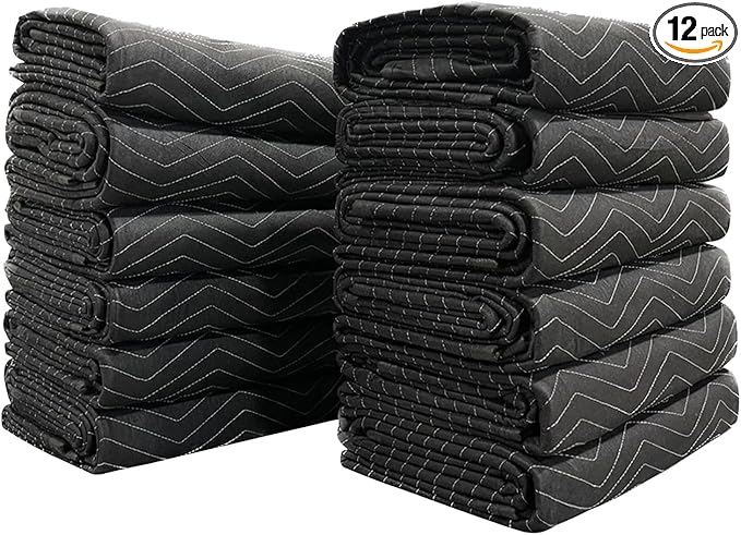 Moving Blankets Heavy Duty 12 Pack 72" x 80" (65 lb/Dozen), Large Thick Quilted Furniture Mover and Pads for Safe Shipping, Packing and Storage, Black(12 Packs)