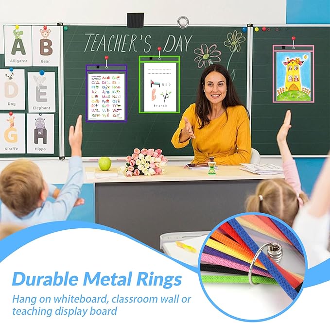 BEVTEE Dry Erase Pocket Sleeves with 1 Ring, 10x14 Inch Clear Plastic Paper Sleeves, Heavy Duty Ticket Holder Pockets, Reusable Sheet Protectors, Teaching Supplies for Classroom Elementary, Pack of 8