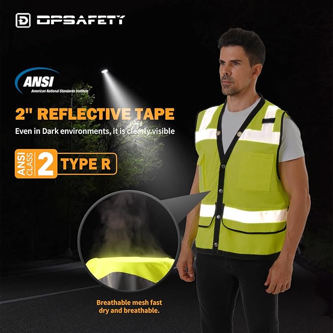Reflective Safety Vest With Back Plan Pocket, High Visibility Class 2 Heavy Duty Surveyor, ANSI/ISEA Standard, Construction Work for Men & Women (Lime-Button, M)