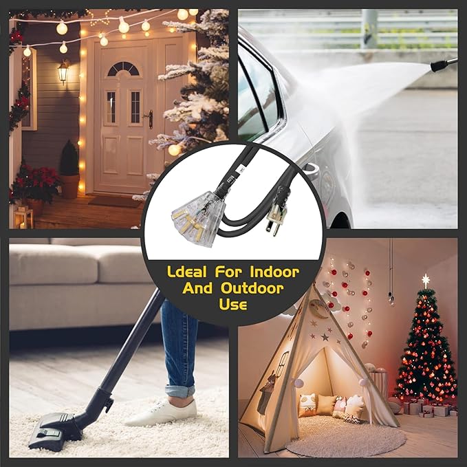 3-Outlets Indoor Outdoor Extension Cord Weatherproof with Lighted End, UL Listed, 12 Gauge 6FT Black 3 Prong Heavy Duty, 12/3 SJTW 15A Power Cord