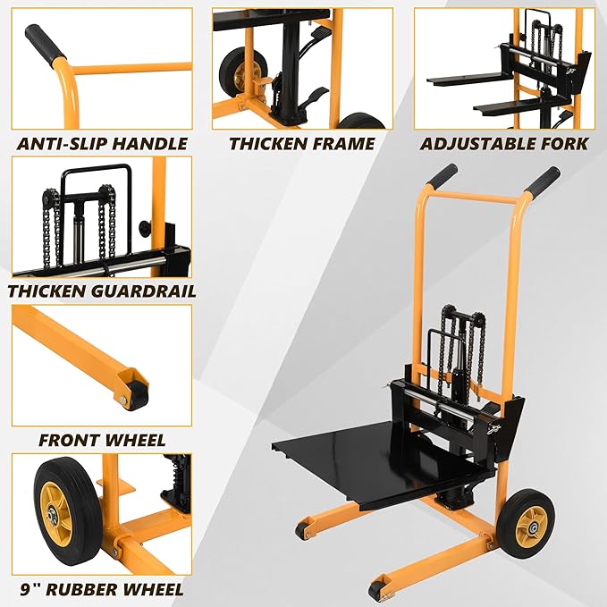 Manual Forklift Pallet Stakcer 43.3" Lift Height with Adjustable Forks and Fixed Legs Pallet Truck Dolly Stacker, 450 Lbs Capacity Hydraulic Material Lift for Supermarket, Warehouse, and Household