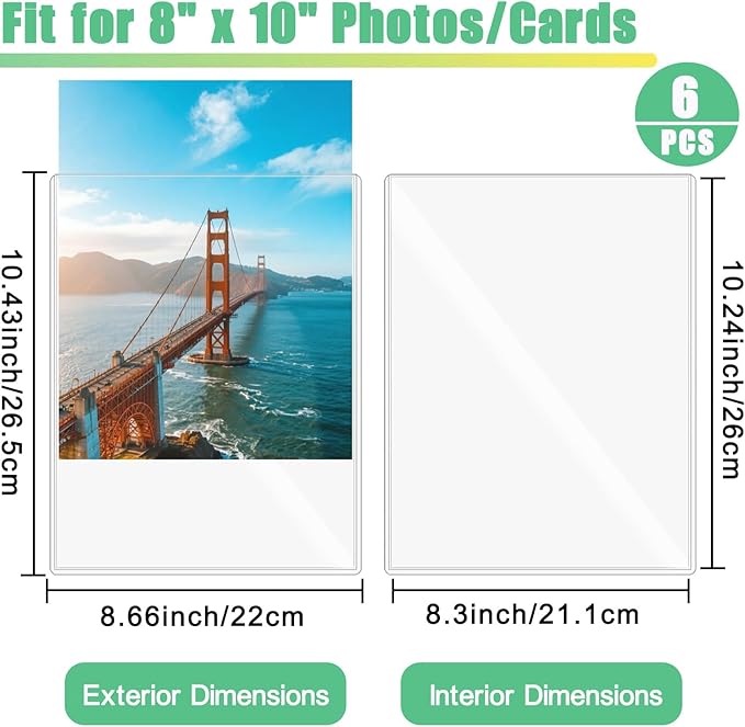 6PCS 8" x 10" Clear Rigid Card Sleeves – Waterproof Hard Plastic Protectors for Postcards, Prints, Photos, Trading & Sports Cards – Top Load Jumbo Sheet Holders