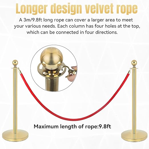 2Pack Stainless Steel Stanchion Posts 9.8ft Red Velvet Rope Suitable for theaters, stadiums and Other venues Easy to Install Gold